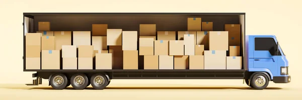Długi Samochód Ciężarowy Różnych Kartonów Widok Boku Pojęcie Delokalizacji Logistyki — Zdjęcie stockowe