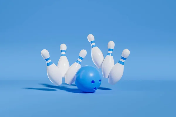 Balle Bleue Frappant Épingles Blanches Sur Fond Bleu Concept Succès — Photo