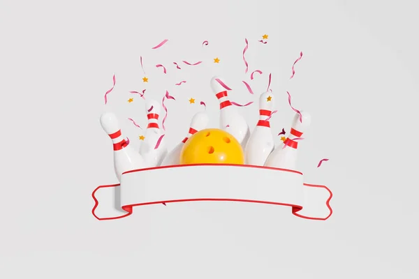 Yellow bowling ball hitting pins with red ribbon and falling confetti, white background. Concept of win. Mockup copy space. 3D rendering