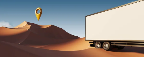 Kopiuj Ciężarówkę Lokalizacją Znacznikiem Geo Dostawczym Vanem Abstrakcyjnym Krajobrazie Pustyni — Zdjęcie stockowe