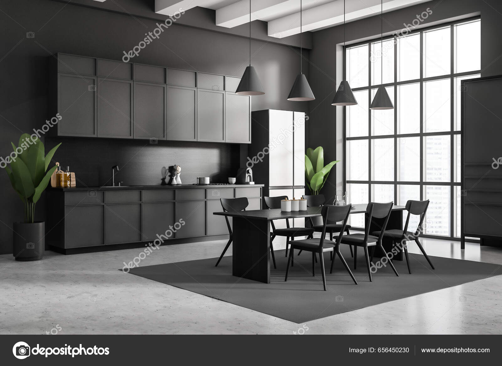 Dark Kitchen Interior Chairs Dining Table Side View Carpet Grey Stock