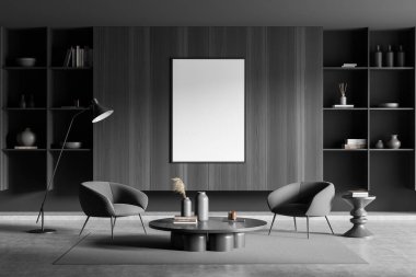 Koyu renk oturma odası. İki koltuk ve kahve masası. Rafta sanat dekorasyonu, gri beton zeminde halı. Boş bir poster hazırla. 3B görüntüleme