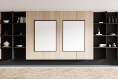 Ahşap iç mekan, raf ve kitaplarla süslenmiş sanat dekorasyonu, ahşap zemin. Arka arkaya iki tane poster. 3B görüntüleme