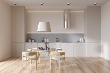 Ahşap zeminde yemek masası ve sandalyeleri olan bej bir mutfak. Güvertede mutfak gereçleri ve dekorasyon, modern tasarımı olan şık yemek alanları. 3B görüntüleme