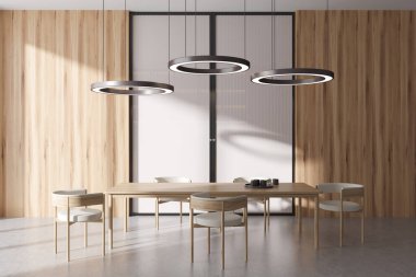 Beyaz yemek masası, sandalyeler, gri beton zemin. Minimalist yemek alanı, bulaşıklar, yemek pişirme alanı. 3B görüntüleme