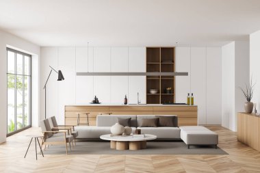 Ada, kanepe, koltuk, beyaz duvarlar, panoramik pencere, meşe ağacından ahşap döşeme, sehpa, lamba. Minimalist tasarım kavramı. 3d oluşturma