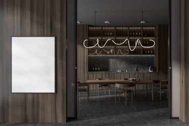 Mutfağın içinde yemek masası ve gri beton zeminde sandalyeler var. Yemek pişirme alanında, raflarda ve şarap kadehlerinde modern mutfak eşyaları. Girişten önce maket posteri. 3B görüntüleme