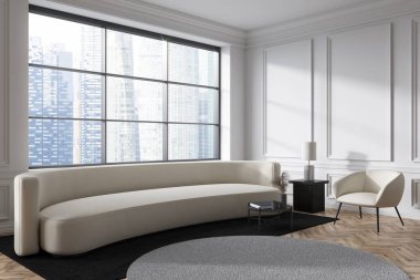 Beyaz oturma odasının içi kanepe ve koltuk, yan görüş, kahve masası ve dekorasyonlu halı döşeli. Singapur 'da panoramik pencere. 3B görüntüleme