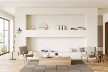 Bej oturma odasının içinde iki koltuk, raflar ve kahve masası var. Süslü, halısı ahşap zemin üzerinde. Tropik bölgelerde panoramik pencere. 3B görüntüleme