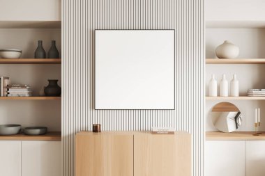 Beyaz oturma odası, ahşap şifoniyer, sanat dekorasyonu ve kitapları olan bir raf. Kare bir tuval posteri yap. 3B görüntüleme