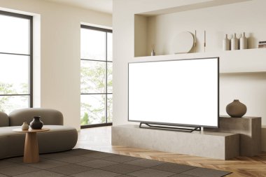 Bej rengi, içinde koltuk, televizyon, podyum, yan görüş, raflı oturma odası ve sanat dekorasyonu olan bir iç mekan. Tropik bölgelerde panoramik pencere. Boş televizyon görüntüsünü taklit et. 3B görüntüleme