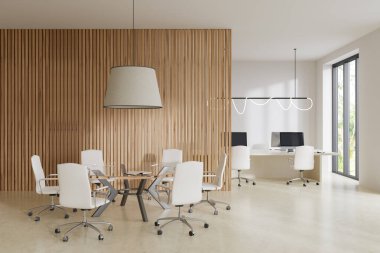 Beyaz ofis odası koltukları ve ışıklı beton zeminde bilgisayar bulunan bir masa. Konferans kurulu ve ortak çalışma alanı. Tropik bölgelerde panoramik pencere. 3B görüntüleme