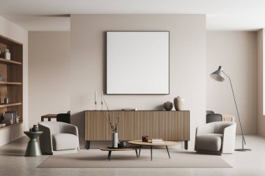 İçinde iki koltuk ve kahve masası olan bej renkli bir oturma odası. Sanat süslemeli bir elbise, açık beton zeminde halı. Tuvalin kare posterini düzenle. 3B görüntüleme