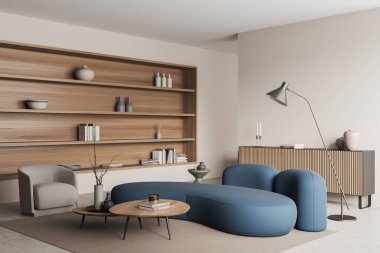 Bej oturma odasının içi kanepe ve koltuk, yan görüş, raf ve çekmece şık dekorasyonlu, halı aydınlık beton zeminde. 3B görüntüleme