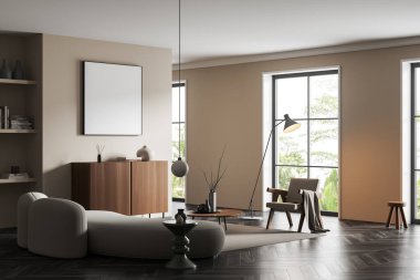 Parlak oturma odasının içi boş beyaz poster panoramik pencereler, kanepe, sehpa, kitaplarla dolu raflar, ahşap zemin. Minimalist tasarım kavramı. Model yap. 3d oluşturma