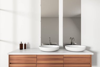 Işıl ışıl banyo manzarası. Yansımalı iki ayna, lavabo, beyaz duvarlar, büfe, musluk. 3d oluşturma