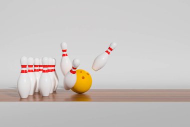 Sarı bowling topu tahta şeritlere raptiye vuruyor, yan görüş. Oyun ve başarı kavramı. Uzayı kopyala 3B görüntüleme