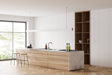 Bar adası, sandalyeler, yan manzara, ahşap döşeme. Tabaklı mutfak eşyaları, raflı gizli tasarım. Tropik bölgelerde panoramik pencere. 3B görüntüleme