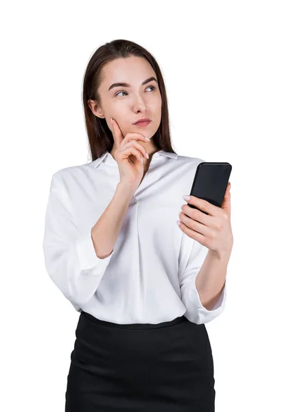 Mujer Negocios Mirada Pensativa Con Teléfono Mano Gerente Soñando Haciendo — Foto de Stock