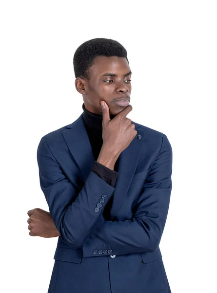 Černý Obchodník Portrét Modrém Obleku Zamyšleným Výrazem Ruku Bradě Šéf — Stock fotografie