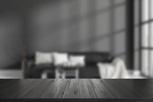 Μαύρο Ξύλινο Τραπέζι Φόντο Θολή Σκούρο Σαλόνι Εσωτερικό Καναπέ Διακόσμηση — Φωτογραφία Αρχείου