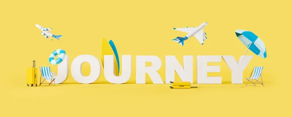 Journey web banner with beach accessories with airplane and suitcase on yellow background. Traveling and ticket booking. Concept of relax. 3D rendering