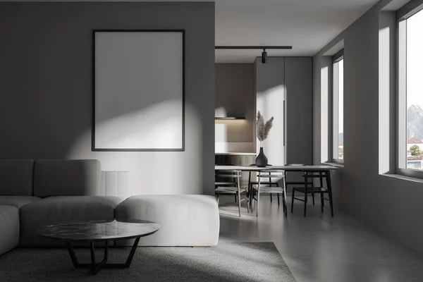 Vooraanzicht Moderne Donkere Studio Interieur Met Lege Witte Poster Eettafel — Stockfoto