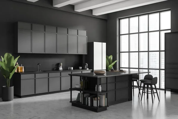 深色厨房内部 有酒吧椅子和台面 侧视图 灰色混凝土地板 厨房器皿在甲板上 烹饪区全景窗口城市景观 3D渲染 — 图库照片
