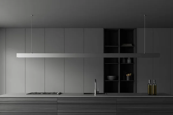Interior Cozinha Escura Com Bar Ilha Pia Fogão Utensílios Cozinha — Fotografia de Stock
