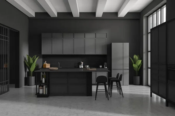 Dark Kitchen Interior Bar Chairs Countertop Grey Concrete Floor Kitchenware — Stock Photo, Image