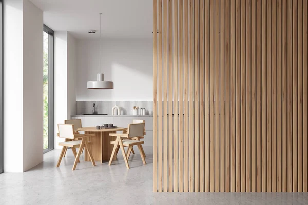 Weiße Kücheneinrichtung Mit Esstisch Auf Grauem Betonboden Modernes Geschirr Deck — Stockfoto