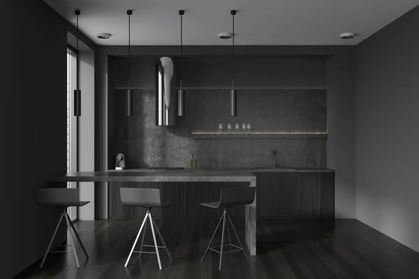 Dark Kitchen Interior Bar Table Chairs Hardwood Floor Minimalist Hotel — Stock Photo, Image
