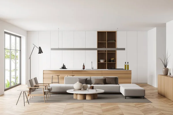 ソファ アームチェア 白い壁 パノラマウィンドウ オーク材の木製の堅木の床 コーヒーテーブル ランプと明るいスタジオルームのインテリアのフロントビュー ミニマルデザインのコンセプト 3Dレンダリング — ストック写真