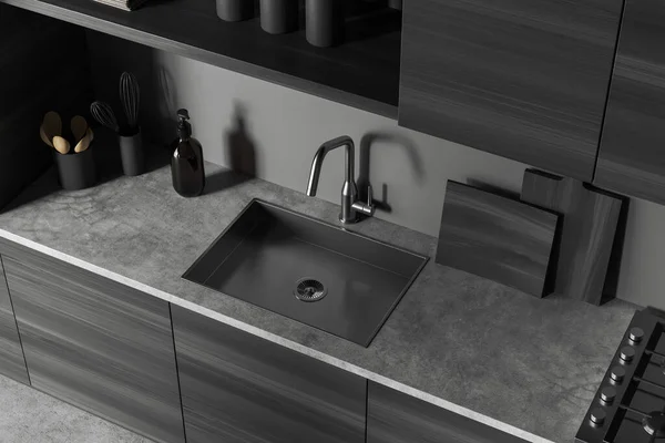 Top View Dark Kitchen Interior Sink Modern Kitchenware Deck Wooden — Stock Photo, Image