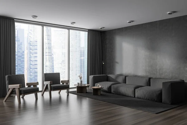 Dark living room interior with sofa and armchairs, side view, coffee table with art decoration, hardwood floor. Panoramic window on Singapore city view. Copy space empty wall, 3D rendering
