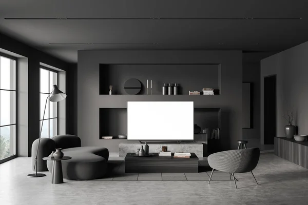 Dark Lounge Interior Sofa Armchair Stand Shelf Art Decoration Carpet — Stock Photo, Image