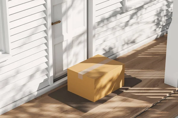 Closed cardboard parcel at the doorstep, side view. Concept of mail and international delivery. Mockup copy space. 3D rendering