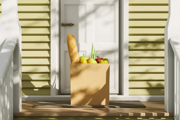 Grocery bag with fresh food, paper bag with vegetarian products at the doorstep. Concept of food delivery. Mockup copy space. 3D rendering