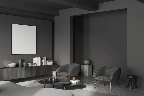 室内黑暗的客厅 有沙发和扶手椅 侧视图 装饰梳妆台 灰色混凝土地板上的地毯 模仿空白正方形海报 3D渲染 — 图库照片