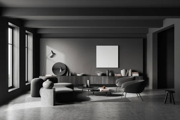 ソファとアームチェア付きの暗い会議室のインテリア アート装飾付きのドレッサー 灰色のコンクリートの床にカーペット 空白の正方形のポスターをモックアップします 3Dレンダリング — ストック写真