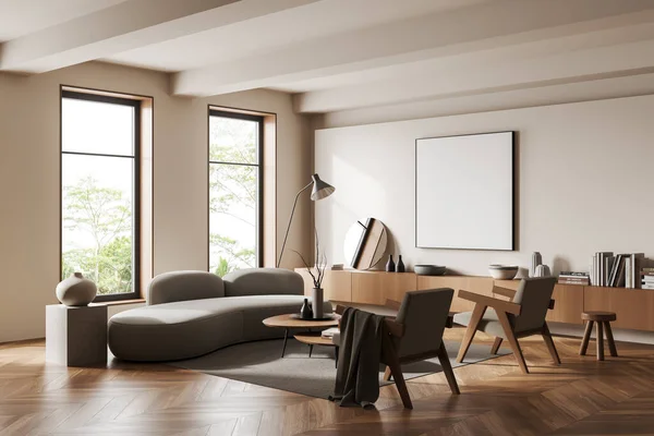 Beige Ruangan Pertemuan Interior Dengan Sofa Dan Kursi Samping Tampilan — Stok Foto