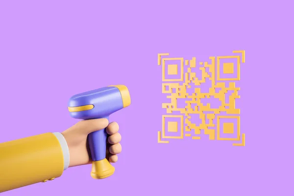 バーコードリーダスキャナ 紫色の背景に黄色のQrコードを保持漫画の手 3Dレンダリング — ストック写真
