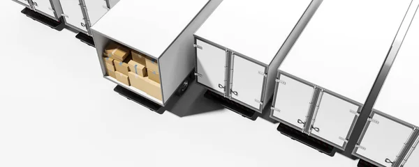 トラックの小包でいっぱいのトップビューでは 行に白い背景に孤立バン トラックと配送の概念 コピースペースをモックアップし 3Dレンダリング — ストック写真