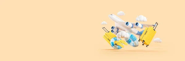 Vliegtuig Strand Accessoires Koffer Rubberen Ringen Beige Achtergrond Vakantie Ticket — Stockfoto