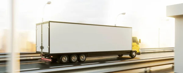 輸送トレーラー 高速道路での長距離トラックの運転 物流と国際配送の概念 コピースペースをモックアップします 3Dレンダリング — ストック写真