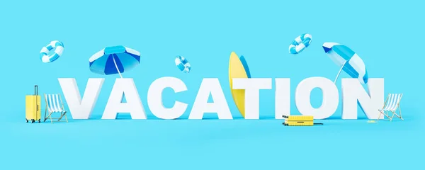Vacation Banner Beach Accessories Umbrella Suitcase Blue Background Concept Travel — Stock Photo, Image