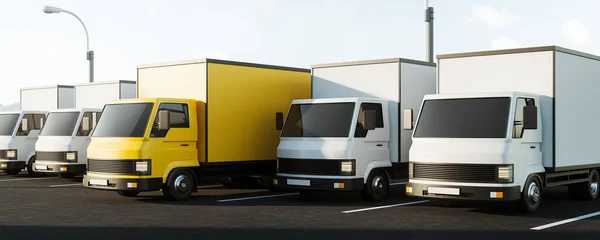Wiersz Ciężarówek Zaparkowanych Zewnątrz Widok Boku Pojęcie Dostawy Logistyki Globalnej — Zdjęcie stockowe