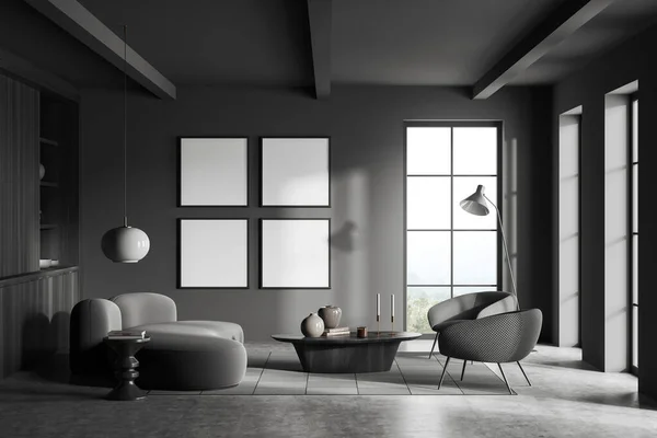 4つの白いポスター パノラマウィンドウ コーヒーテーブル ソファ グレーの壁 アームチェア コンクリート床と暗いリビングルームのインテリアのフロントビュー ミニマルデザインのコンセプト モックアップ 3Dレンダリング — ストック写真