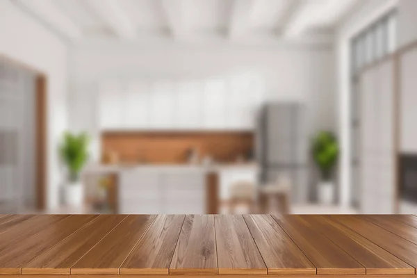 木制台面背景模糊的白色厨房内部与酒吧岛和窗户 用于产品展示的模拟复制空间 3D渲染 — 图库照片