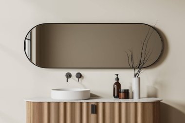 Lavabosu ve uzun oval yatay aynası olan bej bir banyo dekorasyonu, sabun şişesi ve dallı vazosu olan banyo aksesuarları. 3B görüntüleme
